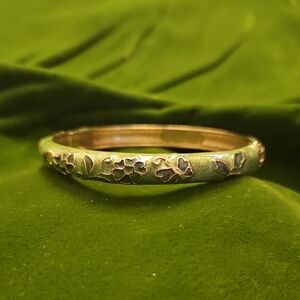 Vintage Jui Long Xing Green Floral Cloisonné Bangle Bracelet Hinged